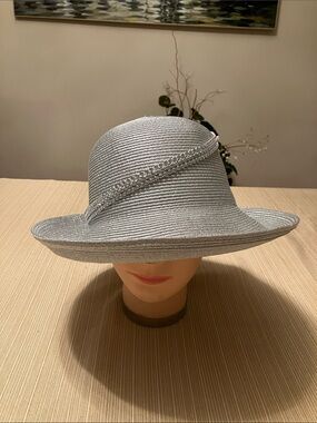 Elegant Metallic Silver Wide-Brim Hat with Rhinestone Decorative Trim